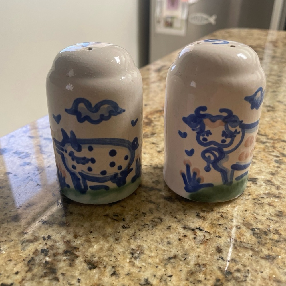 Country Scene.  Blue.  Salt And Pepper Set.  M. A. HADLEY. Cow. Pig. Stoneware.